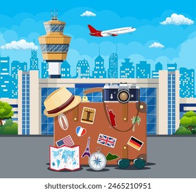 International airport concept. Travel suitcase with stickers of countrys and citys all over the world. Cityscape. Vector illustration flat style