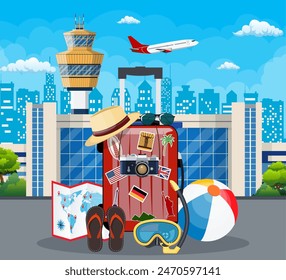 International airport concept. Travel suitcase with stickers of countrys and citys all over the world. Cityscape. Vector illustration flat style