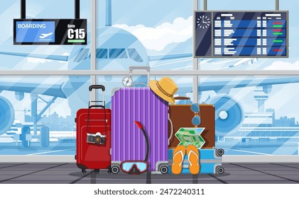 International airport concept. Travel suitcase. Plane before takeoff. Airport control tower, terminal building and parking area. Cityscape. Sky with clouds and sun. Vector illustration in flat style