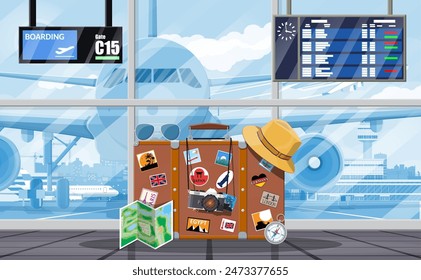 International airport concept. Travel suitcase with stickers of countrys and citys all over the world. Airport terminal and aircraft. Cityscape. Vector illustration flat style