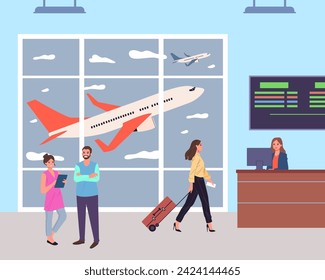 International airport flat vector illustration. Woman with ticket and suitcase going to check-in-counter. Airplane on background. International travel, business trip, tourism concept