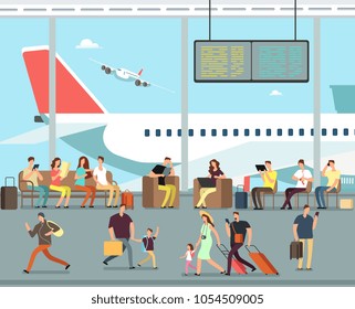 International airport terminal with sitting and walking people. Men and women, families with kids go on summer vacation vector concept. Family in airport, people woman and man with luggage