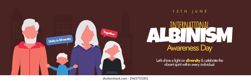 International Albinism awareness day 13th June 2024.13th June Albinism awareness day cover banner, social media post with albinos people, brown background. Celebrate diversity, embrace albinism