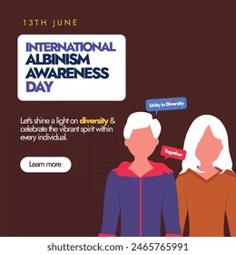 International Albinism awareness day 13th June. Albinism awareness day banner, social media post with an albino boy and a girl with white hair. Accepting and treating people with albinism equally.