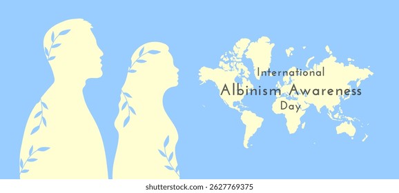 International Albinism awareness day banner template on June 13. White silhouettes of a man and a woman