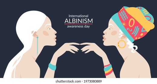 International Albinism Awareness Day. The faces of girls of different nationalities. Natural appearance. Vector layout for banner, greeting card in modern flat style.