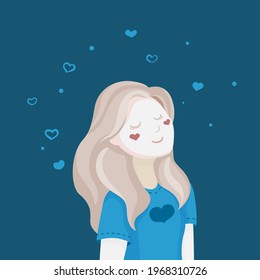 International Albinism awareness day, June 13. Young albino girl, stylized portrait of a woman with white hair and pale skin. Albino with hearts on blue background. Body positive art.