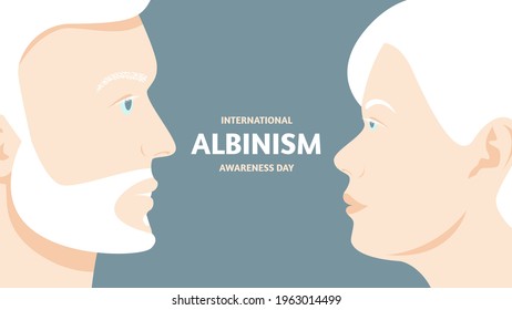 International Albinism Awareness Day. Woman and man white hair, lack of milan pigment. Banner with text. Vector stock illustration. 