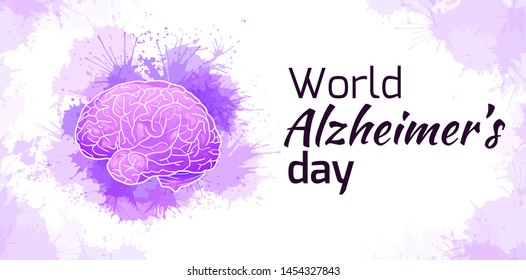 International Alzheimers Day. Horizontal card with human brain on purple watercolor stains. Disease and extinction. Vector banner for medical articles, banners, cards and your design.