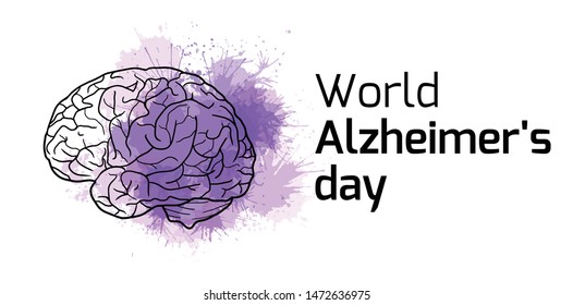 International Alzheimers Day. Horizontal card with outline human brain on purple watercolor stains. Disease and extinction. Vector banner for medical articles, banners, cards and your design.