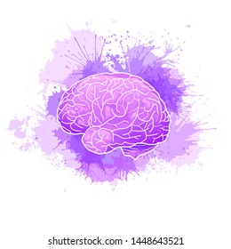 International Alzheimer's Day. Human brain with purple watercolor stains. Disease and extinction. Vector cartoon illustration for medical articles, banners, cards and your design.