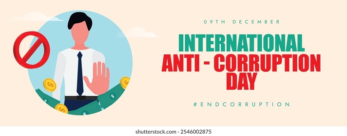 Dia Internacional Contra A Corrupção. 9 de dezembro anti corrupção dia cobrir banner com um homem dizendo não com gesto de mão, banir ou parar símbolo, ícone de dinheiro. O dia sensibiliza o público para acabar com o suborno.