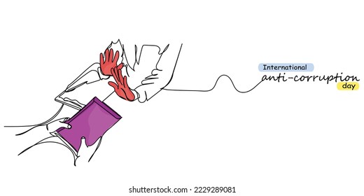 Día Internacional contra la Corrupción. El soborno es un delito penal. Dile no a la corrupción. Alza tu voz contra la injusticia. Vector de arte de línea continua
