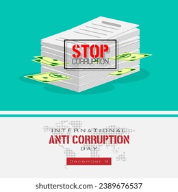 International Anti Corruption Day poster with money tucked away in a pile of documents