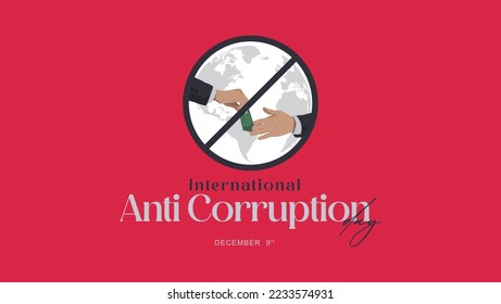 International Anti Corruption Day. Red color background. Hand Vector Illustration is bribing or corruption. Celebrating Anti-Corruption Day on December 9th. Suitable for banners, social media, posters svg