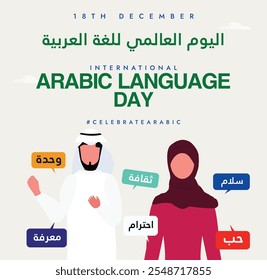 International Arab language day, 18th December banner, post. Arabic language day celebration banner with Arab man in thobe and woman in hijab. Arabic Text translation: Arabic Language day. 