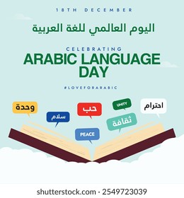 International Arabic language day, 18th December banner, post. Text translation: Arabic language day, celebration banner with a book and speech bubbles of words in Arabic coming out of it. 