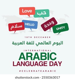 International Arabic language day, 18th December banner, post. Text translation: Arabic language day, celebration banner with speech bubbles of different words in Arabic and their meanings in english.