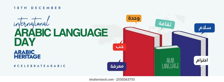 International Arabic language day. 18th December banner, post withText translation: Arabic language day, celebration banner with different books and speech bubbles of words in Arabic around them.