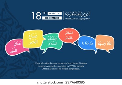 International Arabic language day greetings. 18 December. Arabic islamic calligraphy design. Arabic text translated: "International day of Arabic Language"