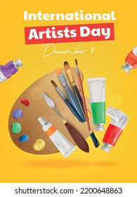 International artist day poster with color palette brushes and paint tubes realistic vector illustration