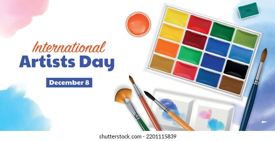 International artist day poster with color palette set with different brushes realistic vector illustration