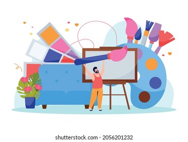 International artists day flat recolor concept with painter male character easel stand paints and brushes cartoon vector illustration