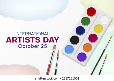 International artists day holiday greeting banner with art color paint and brush realistic vector illustration. Artistic holiday celebration creative picture painting decorative poster congratulations