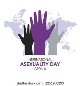 International Asexuality Day vector. Asexual pride flag raised hands up vector. Human hands and world map silhouette. April 6. Important day