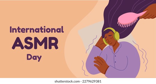 International ASMR day. Young woman wearing headphones with closed eyes listens brushing hair sound. Concept of using ASMR content to relax for a restful sleep.