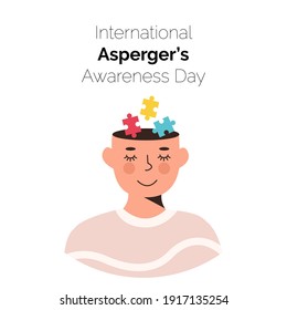 International Asperger Awareness Day Card. Lächelndes Gesicht mit bunten Puzzleteilen im Kopf. Kinder mit Autismus-Störung. Soziale Schwierigkeiten. Psychische Behinderung. Vektorplakat. Illustration