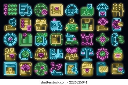International assistance icons set outline vector. Social volunteer. Charity care neon color on black