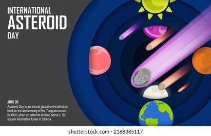 International Asteroid Day Banner With History. Paper Art And Origami Solar System With Asteroids And Comet. Celebrated On June 30 On The Anniversary Of The Tunguska Event. Vector Illustration. EPS 10