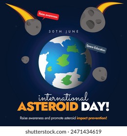 International Asteroid day banner stock illustration. Asteroid day social media post with earth globe and asteroid rocks from space. Vector stock illustration. Asteroid Awareness banner