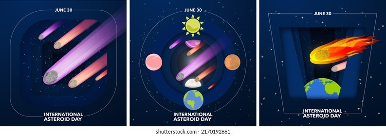 International Asteroid Day Concept Collection. Held On June 30 On The Anniversary Of The Tunguska Event. Paper Craft Solar System With Asteroids On Space Gradient Background With Stars. Vector. EPS 10