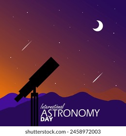 International Astronomy Day event banner. A star telescope on the hills on a crescent moon night to celebrate on May