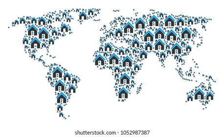 International atlas composition constructed of home icons. Vector home pictograms are united into conceptual continent collage.