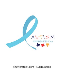 International Autism Awareness Day Banner. Blue ribbon with colorful puzzle pieces. Jigsaw mosaic as symbol of children with Autism disorder. Social Difficulty. Mental disability. Vector Illustration.