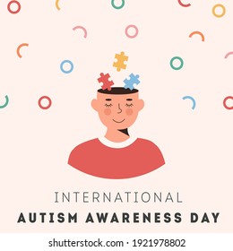 International Autism Awareness Day Card. Smiling person face with colourful puzzle pieces in head. Psychological concept of Autistic children. Social Difficulty. Mental disability or disorder. Vector.