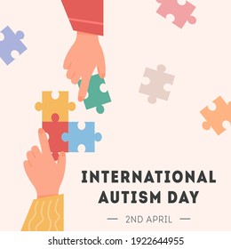 International Autism Awareness Day Card. Caucasian and african hand holding colourful puzzle pieces. Psychological concept of Autistic children. Social Difficulty. Mental disability disorder. Vector.