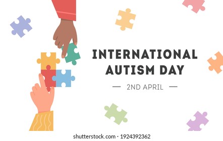 International Autism Awareness Day Card. Caucasian and african hand holding colourful puzzle pieces. Psychological concept of Autistic children. Social Difficulty. Mental disability disorder. Vector.