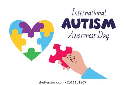 International Autism Awareness Day. Horizontal banner with a heart like a colorful puzzle and a hand with a missing part. Vector illustration design