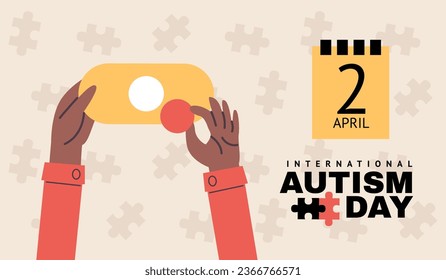 Afiche del Día Internacional del Autismo. Las manos coleccionan piezas de rompecabezas. Concienciación sobre enfermedades psicológicas. Obsesión con detalles. Autista jugando con sierra. Fecha del calendario de abril