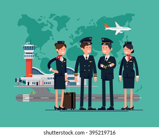 International aviation themed vector concept layout with aircrew characters such as pilots and stewardesses standing with abstract world map, airport and flying jet plane on background