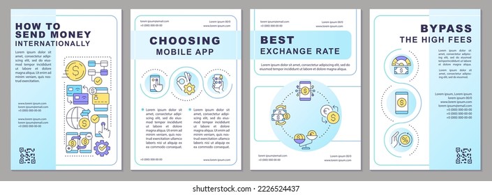 International bank transfer tips brochure template. Online payments. Leaflet design with linear icons. Editable 4 vector layouts for presentation, annual reports. Arial, Myriad Pro-Regular fonts used