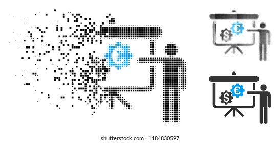 International banking project icon in dissolved, pixelated halftone and undamaged versions. Pixels are arranged into vector dissipated international banking project shape.