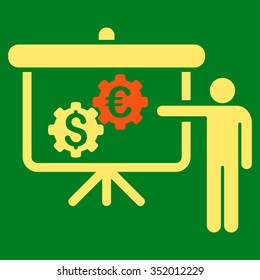 International Banking Project vector icon. Style is bicolor flat symbol, orange and yellow colors, rounded angles, green background.
