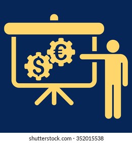 International Banking Project vector icon. Style is flat symbol, yellow color, rounded angles, blue background.