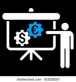 International Banking Project vector icon. Style is bicolor flat symbol, blue and white colors, rounded angles, black background.