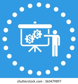 International Banking Project vector icon. Style is flat circled symbol, white color, rounded angles, blue background.